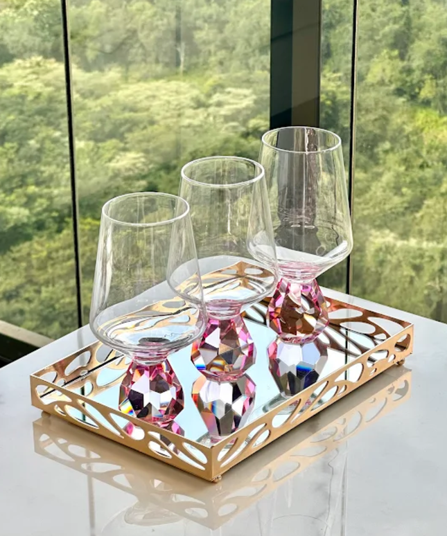 2 Taças de Vidro com Base Diamante Rosa 500ml