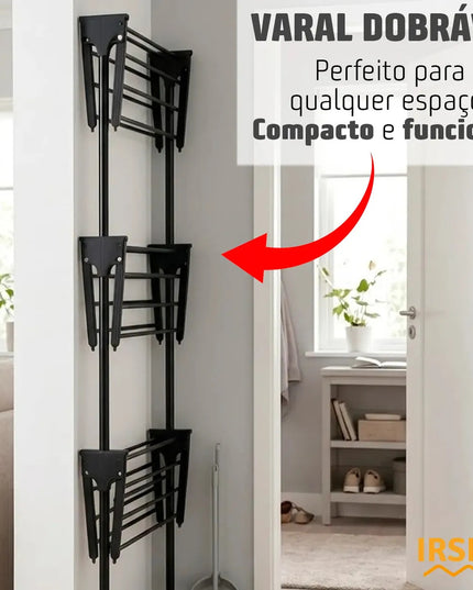 Varal de Chão Dobrável 3 Andares Grande com Rodinhas e Abas Laterais Retráteis para Cabides Irsina