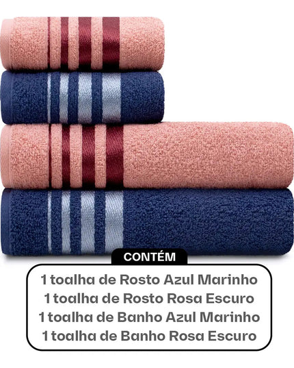 Jogo de Toalhas de Algodão 4 Peças Banho e Rosto Rosa e Azul Karsten