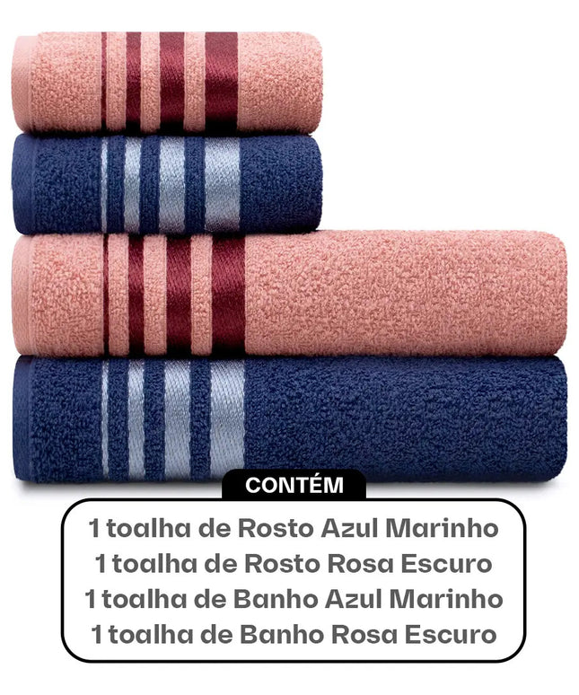 Jogo Toalhas De Algodão 4 Banho E Rosto Rosa E Azul Karsten