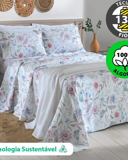 Jogo de Cama Queen Lençol com Elástico 100% Algodão Percal 130 Fios 158x198x35cm Dohler 4 Peças
