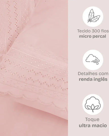 Jogo de Cama Solteiro 300 Fios Micro Percal Premium 3 Peças Rosa Liso
