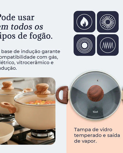 Jogo de Panelas Antiaderente em Cerâmica para Indução 10 Peças Livre de PFOA Baunilha