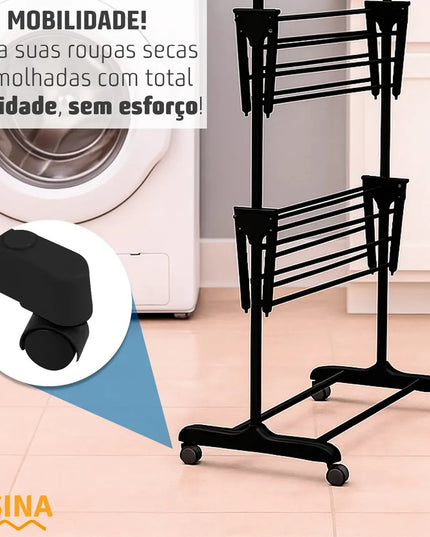 Varal de Chão Dobrável 3 Andares Grande com Rodinhas e Abas Laterais Retráteis para Cabides Irsina