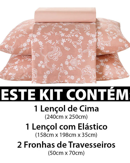 Jogo de Cama Queen Lençol com Elástico 100% Algodão 4 Peças Percal 130 Fios 158x198x35cm Döhler