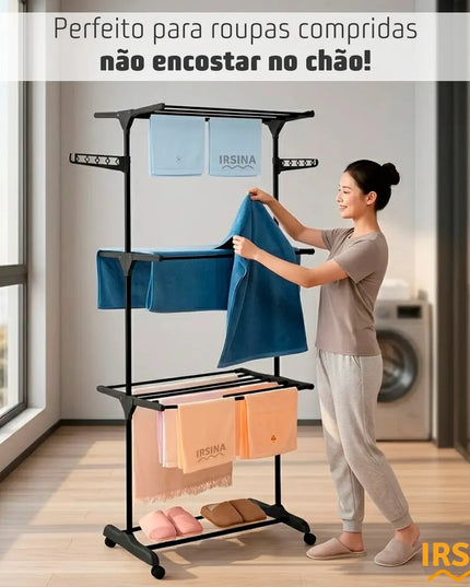 Varal de Chão Dobrável 3 Andares Grande com Rodinhas e Abas Laterais Retráteis para Cabides Irsina