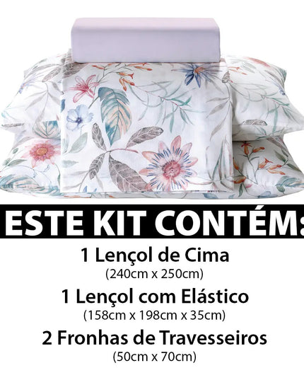 Jogo de Cama Queen Lençol com Elástico 100% Algodão Percal 130 Fios 158x198x35cm Dohler 4 Peças