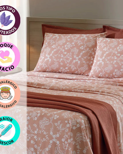 Jogo de Cama Queen Lençol com Elástico 100% Algodão 4 Peças Percal 130 Fios 158x198x35cm Döhler