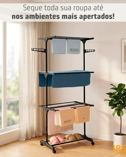 Varal de Chão Dobrável 3 Andares Grande com Rodinhas e Abas Laterais Retráteis para Cabides Irsina