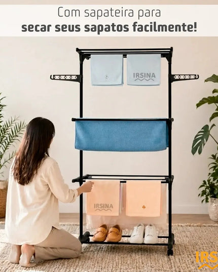 Varal de Chão Dobrável 3 Andares Grande com Rodinhas e Abas Laterais Retráteis para Cabides Irsina