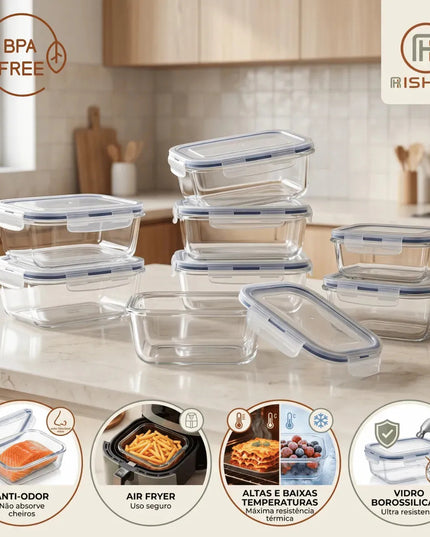 Kit 10 Potes de Vidro Herméticos para Marmita 640ml Freezer Fitness Rishon