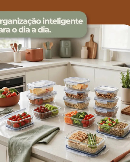 Kit 10 Potes de Vidro Herméticos para Marmita 640ml Freezer Fitness Rishon