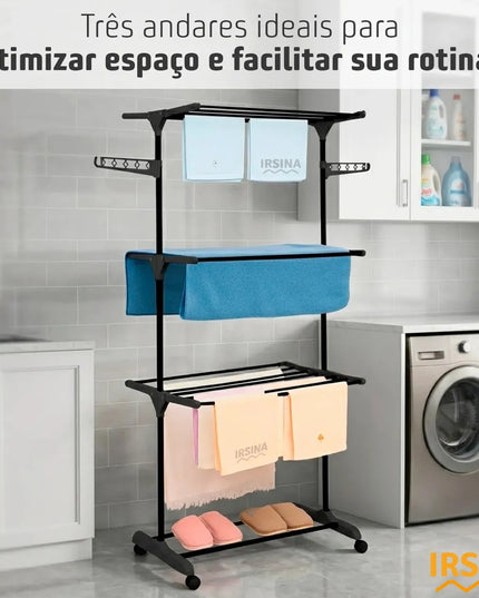 Varal de Chão Dobrável 3 Andares Grande com Rodinhas e Abas Laterais Retráteis para Cabides Irsina