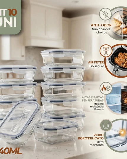 Kit 10 Potes de Vidro Herméticos para Marmita 640ml Freezer Fitness Rishon