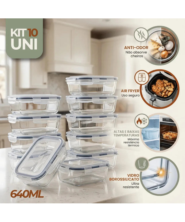 Kit 10 Pote De Vidro Marmita Hermético 640ml Freezer Fitness Rishon