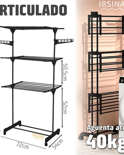 Varal de Chão Dobrável 3 Andares Grande com Rodinhas e Abas Laterais Retráteis para Cabides Irsina