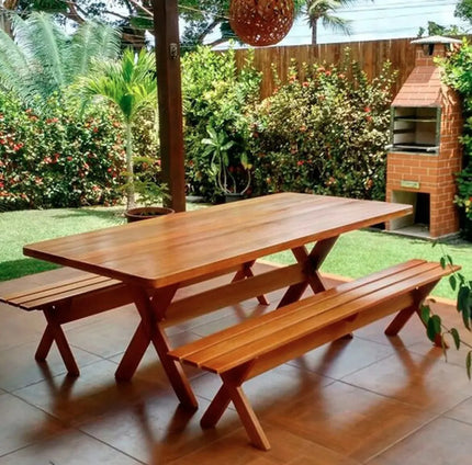 Conjunto Mesa Rústica Com Bancos de Madeira para Churrasco 2,00m