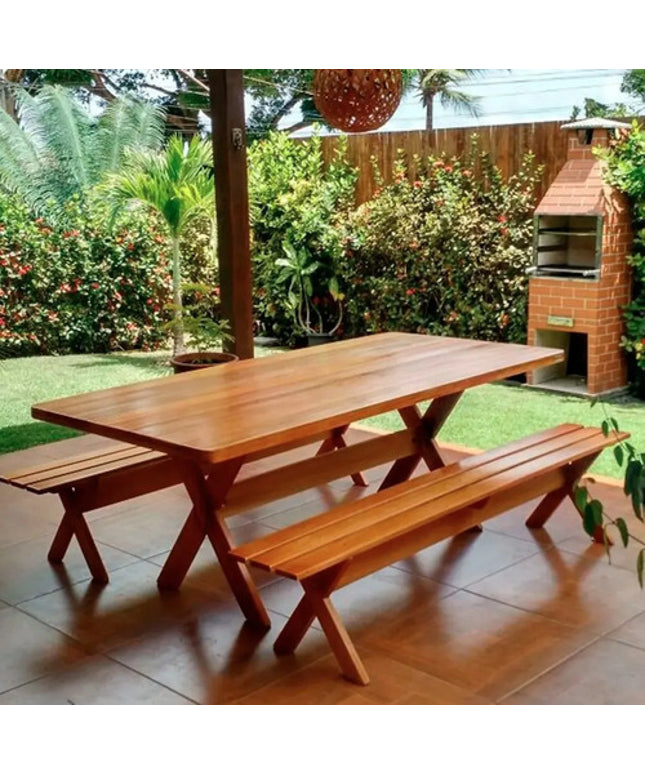 Conjunto Mesa Rústica Com Bancos Madeira Churrasco 2,00m