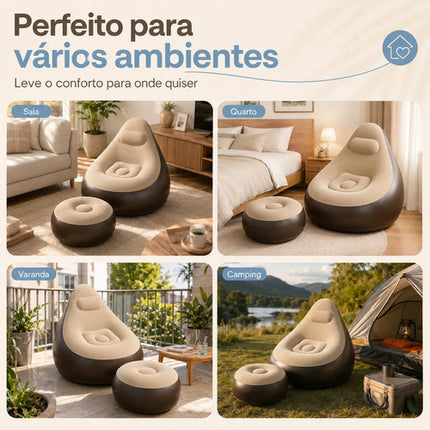 Sofá Inflável Poltrona Preguiçosa com Puff para Praia e Camping