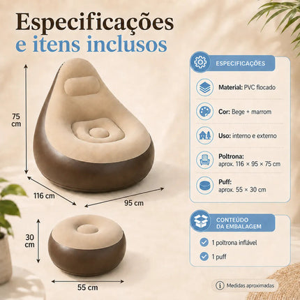 Sofá Inflável Poltrona Preguiçosa com Puff para Praia e Camping