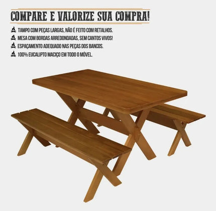 Conjunto Mesa Rústica Com Bancos de Madeira para Churrasco 2,00m