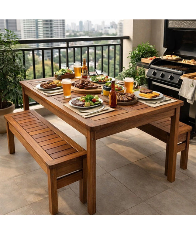Conjunto Mesa E Bancos Churrasco Madeira Maciça Ember