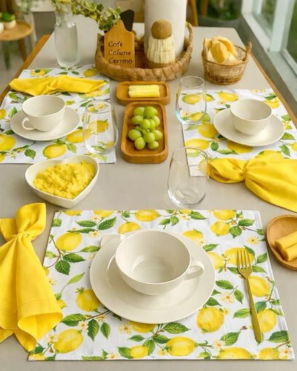 Kit Jogo Americano + Argolas + Guardanapos Box Manci 04 Lugares Completos Decoração Mesa Posta Limão