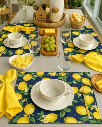 Kit Jogo Americano + Argolas + Guardanapos Box Manci 04 Lugares Completos Decoração Mesa Posta Limão