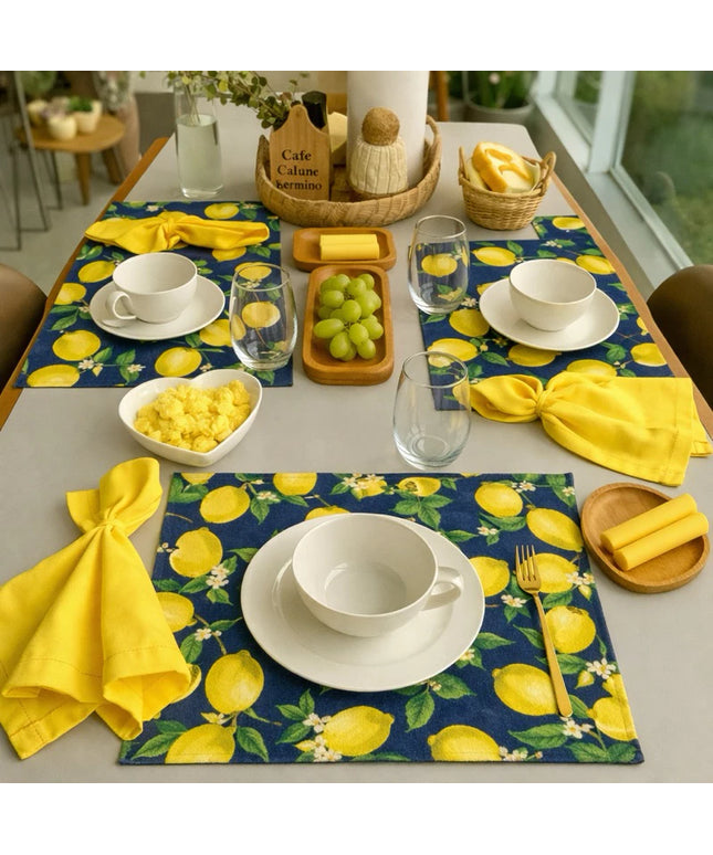 Kit Jogo Americano + Argolas + Guardanapos Box Manci 04 Lugares Completos Decoração Mesa Posta Limão