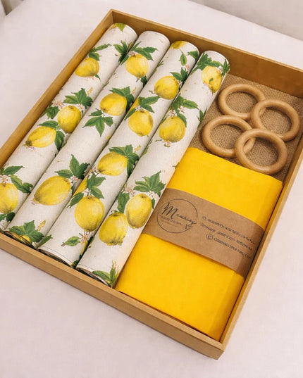 Kit Jogo Americano + Argolas + Guardanapos Box Manci 04 Lugares Completos Decoração Mesa Posta Limão