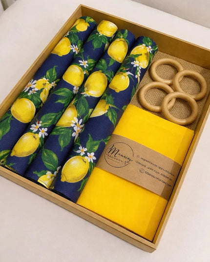 Kit Jogo Americano + Argolas + Guardanapos Box Manci 04 Lugares Completos Decoração Mesa Posta Limão