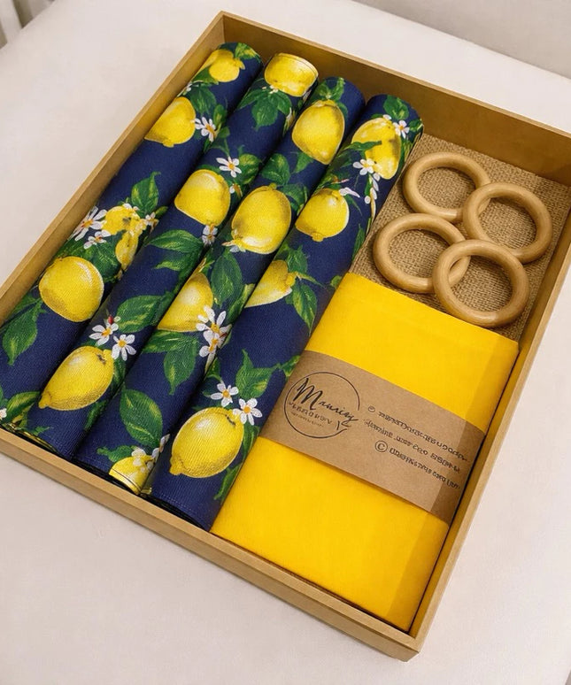 Kit Jogo Americano + Argolas + Guardanapos Box Manci 04 Lugares Completos Decoração Mesa Posta Limão