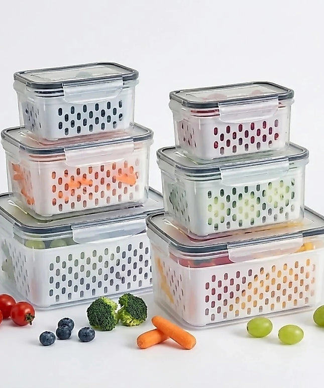Kit 6 Potes Herméticos Organizador de Geladeira Legumes Frutas Com Cesto Removível