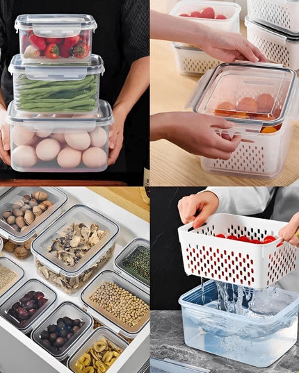 Kit 6 Potes Herméticos Organizador de Geladeira Legumes Frutas Com Cesto Removível